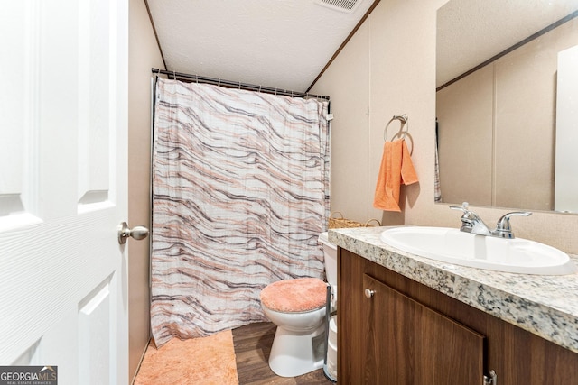 bathroom featuring vanity, wood-type flooring, a textured ceiling, and toilet