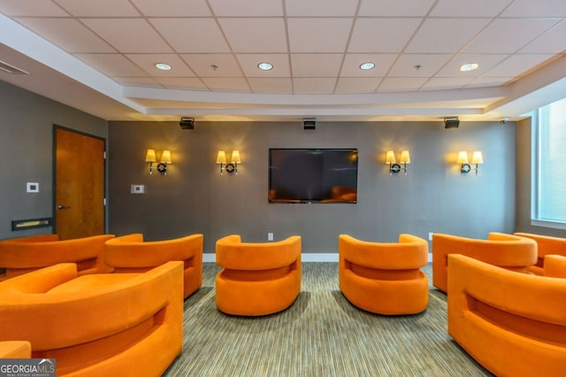 home theater room with recessed lighting, carpet flooring, a paneled ceiling, and baseboards