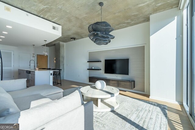 living room with sink and light hardwood / wood-style floors