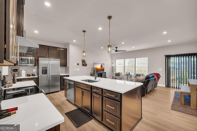 kitchen featuring appliances with stainless steel finishes, ceiling fan, sink, pendant lighting, and a center island with sink