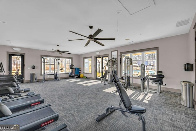 gym with carpet flooring, french doors, and ceiling fan