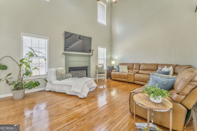 living room featuring hardwood / wood-style floors and a high ceiling