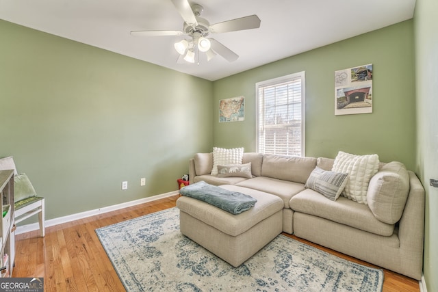 living room with ceiling fan and light hardwood / wood-style flooring