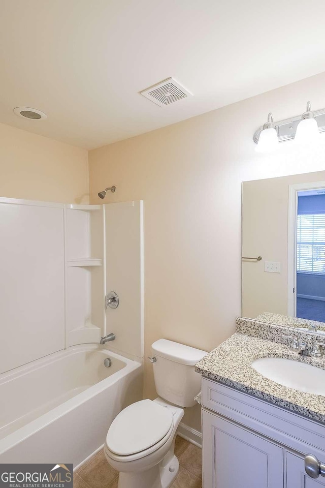 full bathroom with tile patterned flooring, vanity, toilet, and shower / bathtub combination