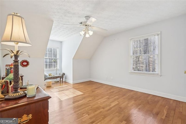 301 Benson Rd, Dallas, GA 30132 - additional living space featuring hardwood / wood-style floors, ceiling fan, a textured ceiling, and vaulted ceiling