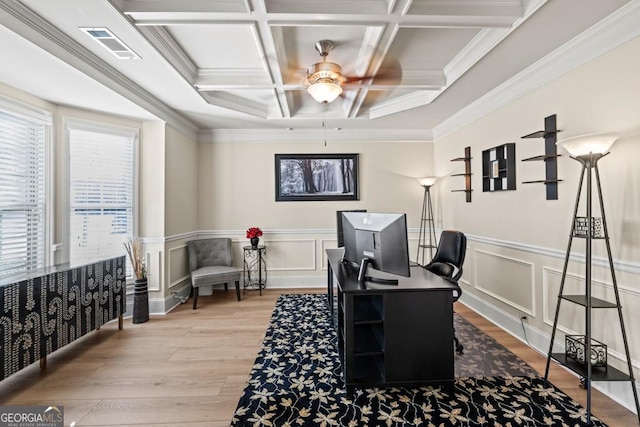 home office with beam ceiling, ceiling fan, coffered ceiling, ornamental molding, and hardwood / wood-style flooring