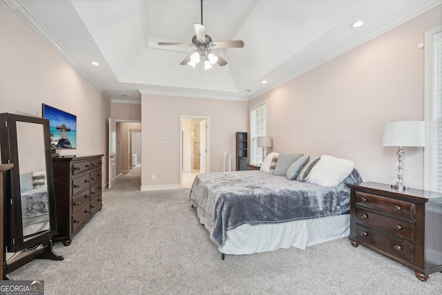 bedroom with light carpet, baseboards, a raised ceiling, crown molding, and recessed lighting