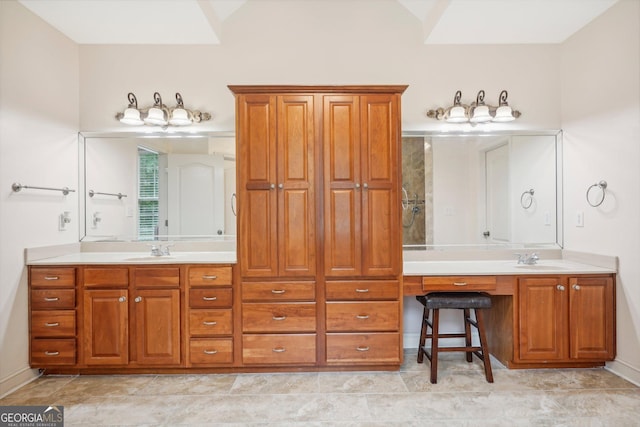 full bath featuring vaulted ceiling and vanity