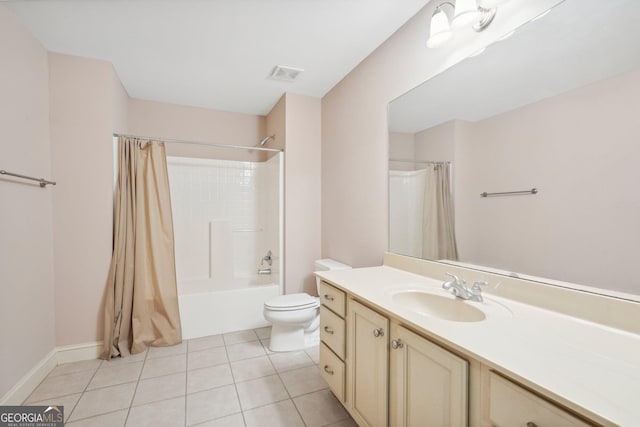 full bath featuring toilet, visible vents, vanity, tile patterned floors, and shower / bath combination with curtain