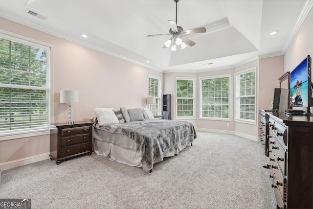 bedroom with baseboards, visible vents, crown molding, and carpet flooring