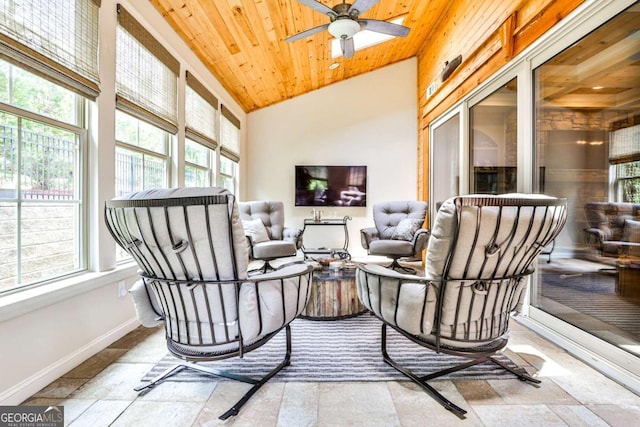 sunroom featuring plenty of natural light, wooden ceiling, and vaulted ceiling