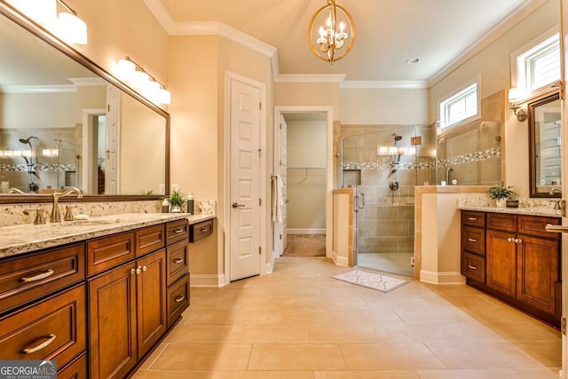 bathroom with walk in shower, tile patterned flooring, a notable chandelier, vanity, and ornamental molding