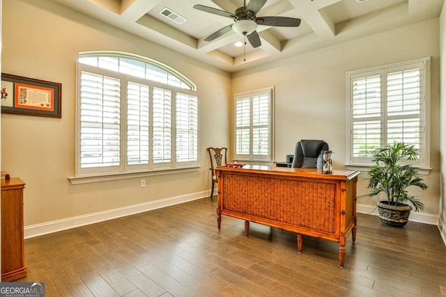 home office featuring beamed ceiling, dark hardwood / wood-style floors, ceiling fan, and coffered ceiling