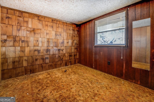 unfurnished room featuring wood walls, carpet floors, and a textured ceiling