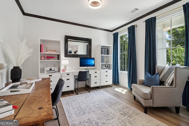 office with light wood-type flooring and crown molding