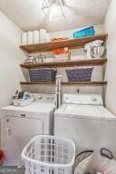 clothes washing area featuring laundry area and washing machine and clothes dryer