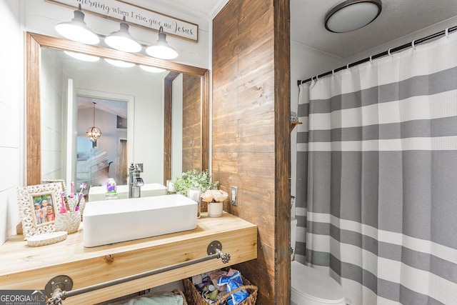 bathroom featuring toilet, vanity, crown molding, and wooden walls