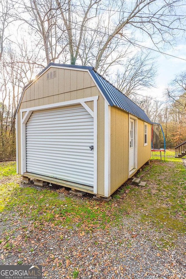 garage with a trampoline