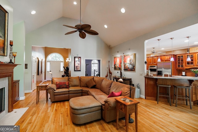 living room with high vaulted ceiling and light hardwood / wood-style floors