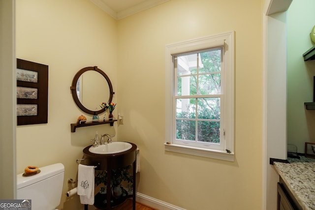 bathroom with vanity, toilet, and ornamental molding