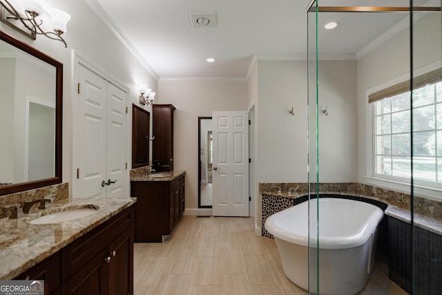 bathroom featuring a washtub, vanity, and crown molding