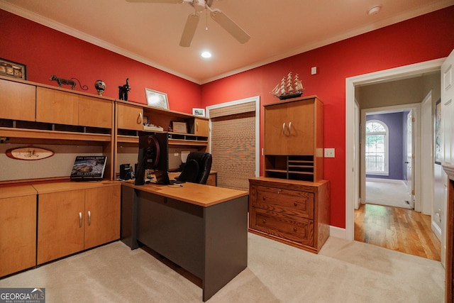 carpeted office space featuring ceiling fan and crown molding