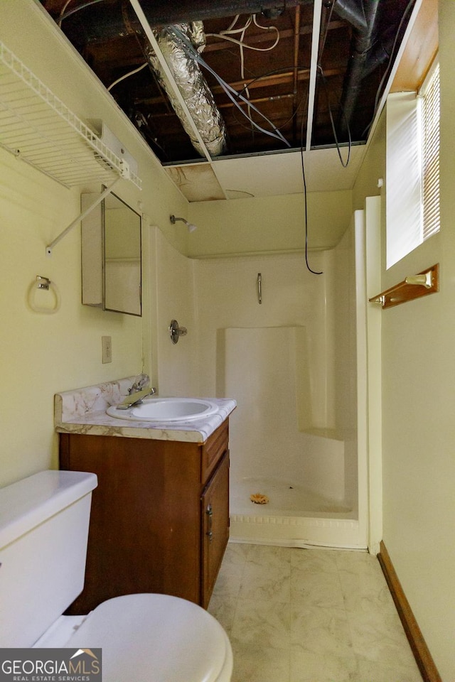 bathroom featuring a shower, vanity, and toilet