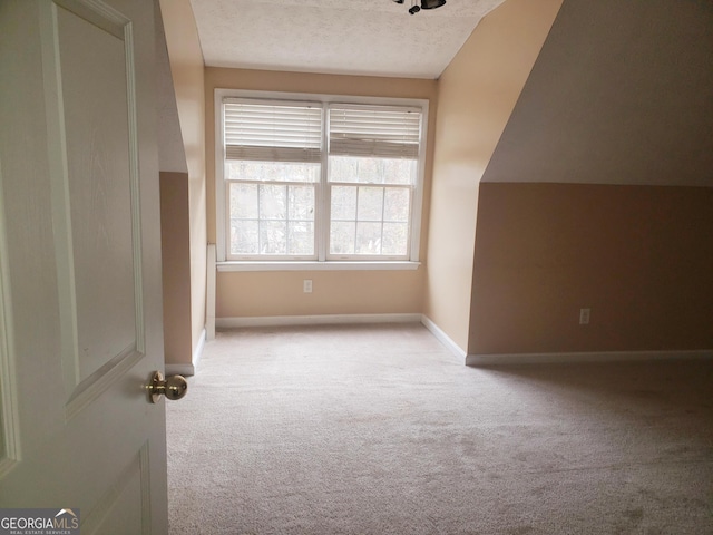 additional living space featuring light colored carpet, lofted ceiling, and a textured ceiling