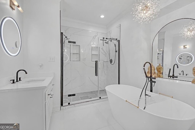 bathroom with vanity, ornamental molding, shower with separate bathtub, and a chandelier