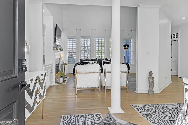 gym with light hardwood / wood-style flooring, ornamental molding, and ornate columns