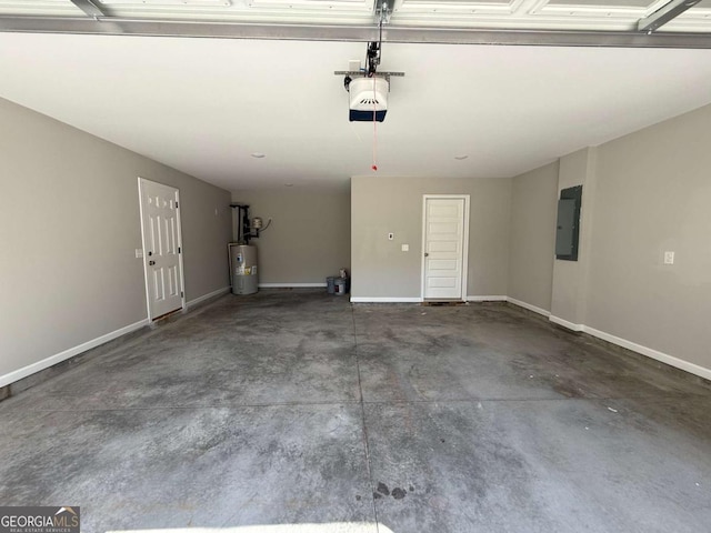 garage with electric panel, a garage door opener, and water heater