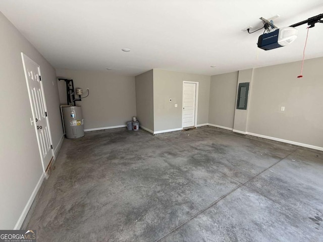 garage featuring a garage door opener, electric panel, and water heater