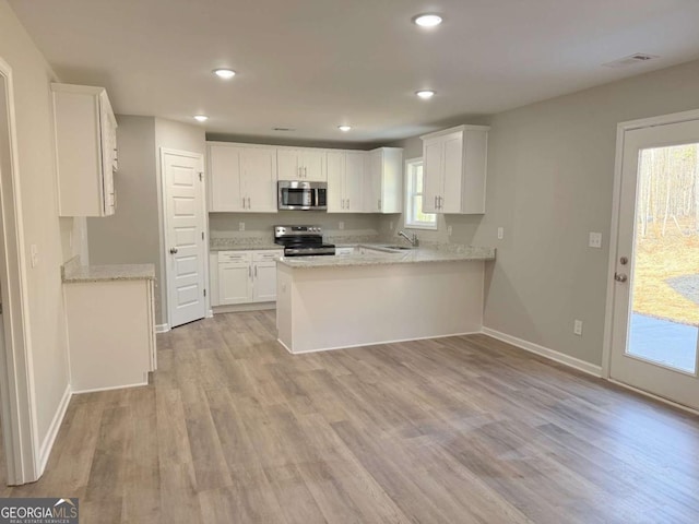 kitchen featuring white cabinetry, sink, light hardwood / wood-style flooring, kitchen peninsula, and appliances with stainless steel finishes