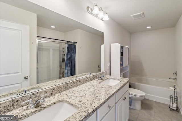 full bathroom with shower with separate bathtub, vanity, toilet, and tile patterned floors