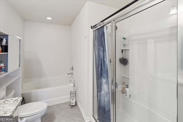 full bathroom with tile patterned floors, vanity, plus walk in shower, and toilet