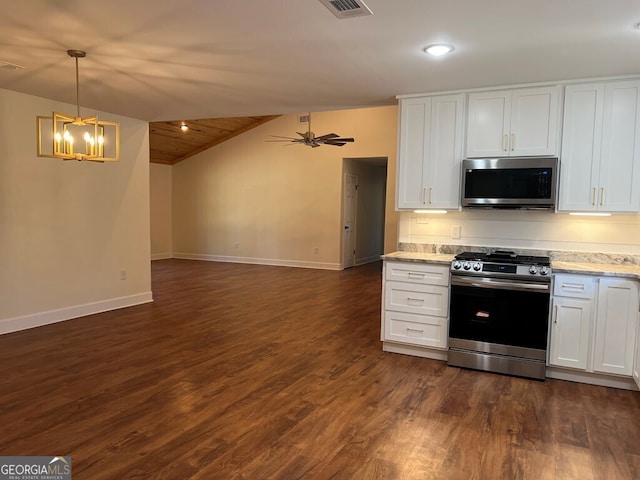 kitchen featuring pendant lighting, wooden ceiling, white cabinets, ceiling fan with notable chandelier, and stainless steel appliances