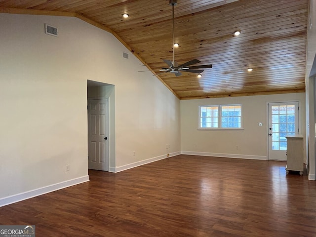 empty room with ceiling fan, dark hardwood / wood-style floors, wood ceiling, and high vaulted ceiling