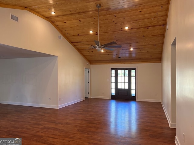 empty room featuring dark hardwood / wood-style flooring, high vaulted ceiling, and wood ceiling