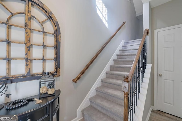 stairs with wood-type flooring