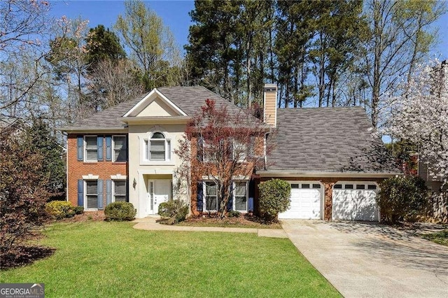 view of front of house with a garage and a front lawn