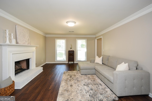 living room featuring a fireplace, dark wood-type flooring, and ornamental molding