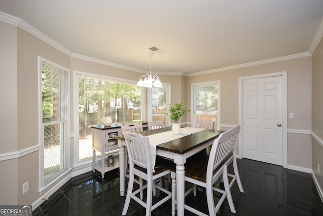 dining space featuring a chandelier and ornamental molding