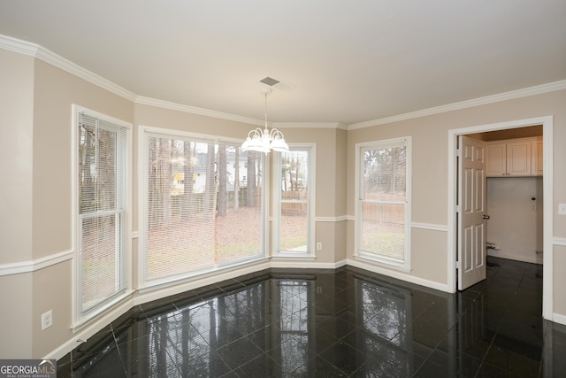 unfurnished dining area with crown molding and an inviting chandelier