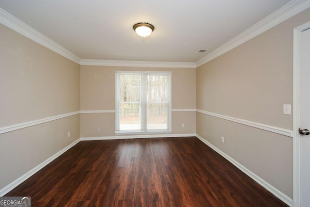 unfurnished room with dark hardwood / wood-style flooring and ornamental molding