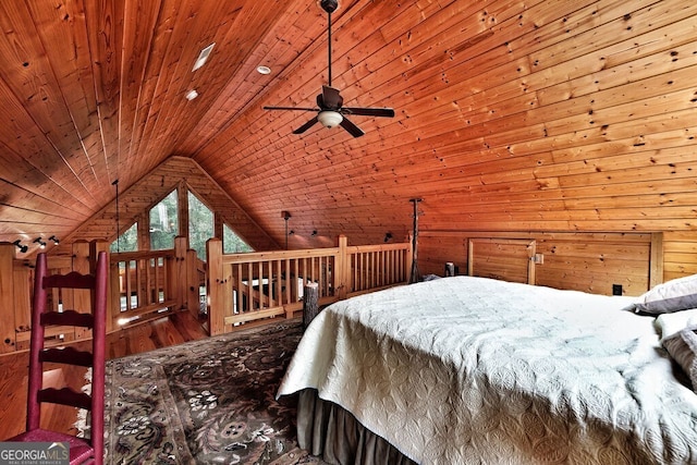 unfurnished bedroom featuring lofted ceiling, ceiling fan, and wooden ceiling