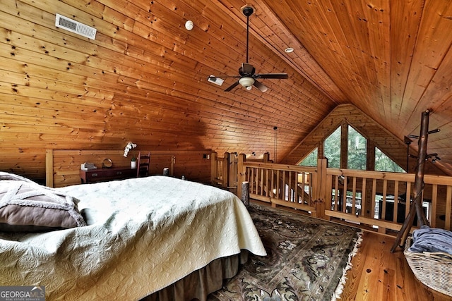 bedroom featuring wood walls, wooden ceiling, vaulted ceiling, and hardwood / wood-style flooring