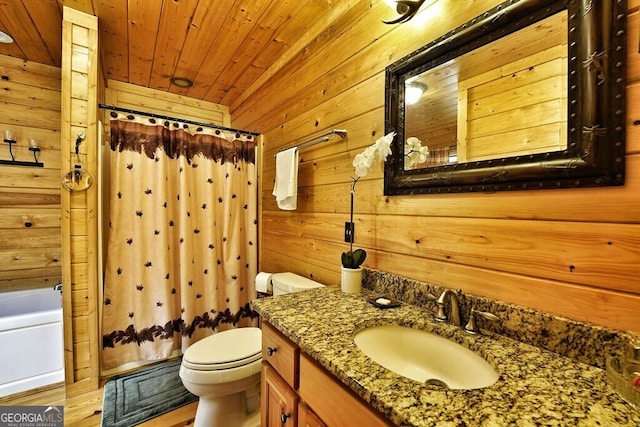 bathroom featuring vanity, wooden walls, hardwood / wood-style flooring, toilet, and wood ceiling