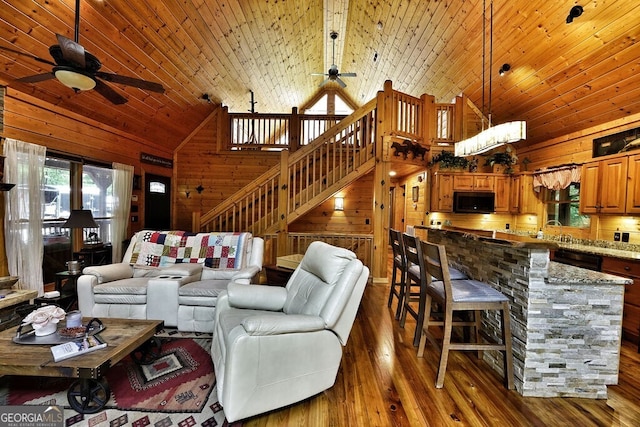 living room with wood walls, wooden ceiling, high vaulted ceiling, ceiling fan, and dark hardwood / wood-style flooring