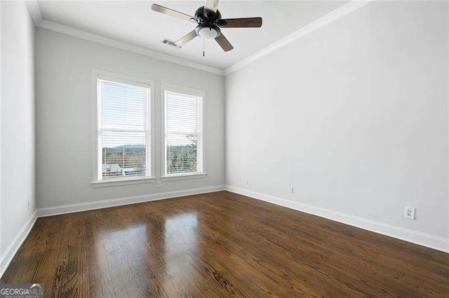 unfurnished room with dark hardwood / wood-style flooring, ceiling fan, and ornamental molding