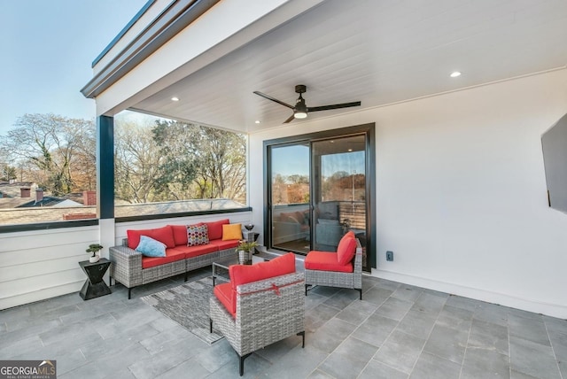 view of patio / terrace featuring ceiling fan and an outdoor hangout area